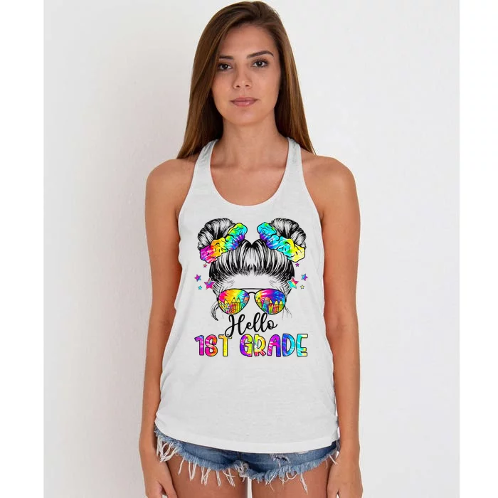 Hello 1st Grade Messy Hair Bun Girl Back To School First Day Gift Women's Knotted Racerback Tank