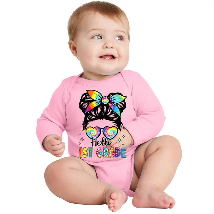 Hello 1st Grade Messy Hair Bun Girl Back To School First Day Baby Long Sleeve Bodysuit