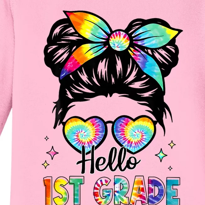 Hello 1st Grade Messy Hair Bun Girl Back To School First Day Baby Long Sleeve Bodysuit