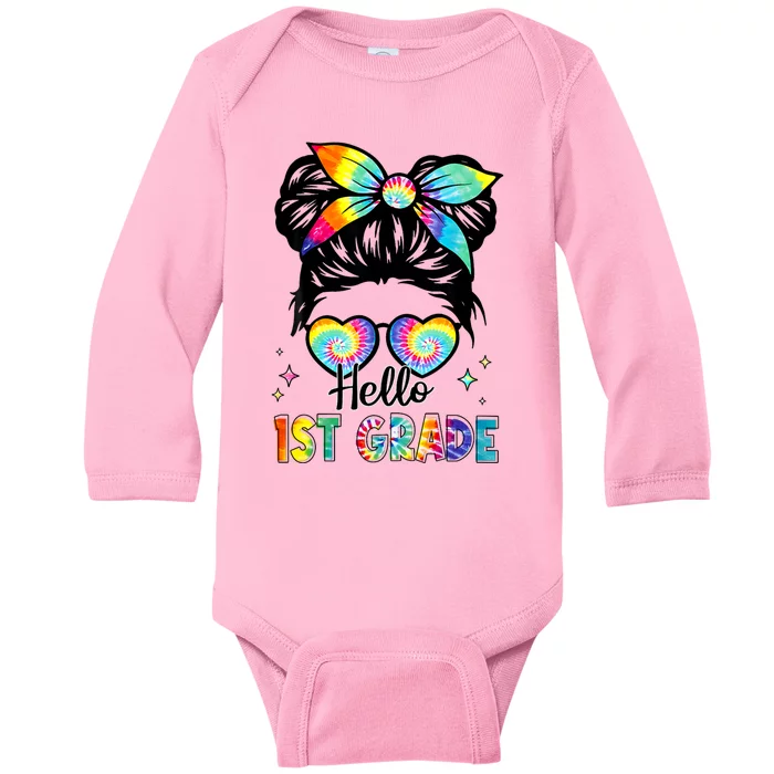 Hello 1st Grade Messy Hair Bun Girl Back To School First Day Baby Long Sleeve Bodysuit