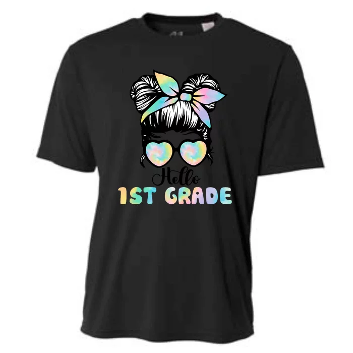 Hello 1st Grade Messy Hair Bun Girl Back To School First Day Cooling Performance Crew T-Shirt