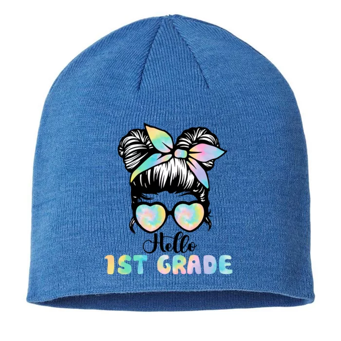 Hello 1st Grade Messy Hair Bun Girl Back To School First Day 8 1/2in Sustainable Knit Beanie