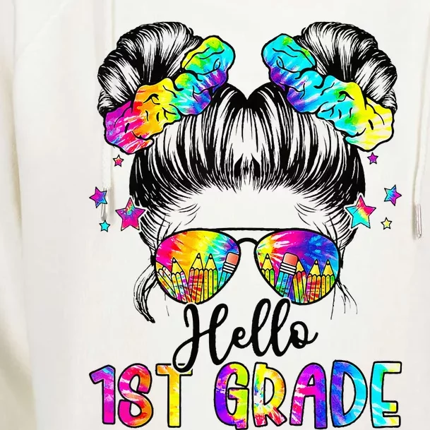 Hello 1st Grade Messy Hair Bun Back To School First Day Womens Funnel Neck Pullover Hood