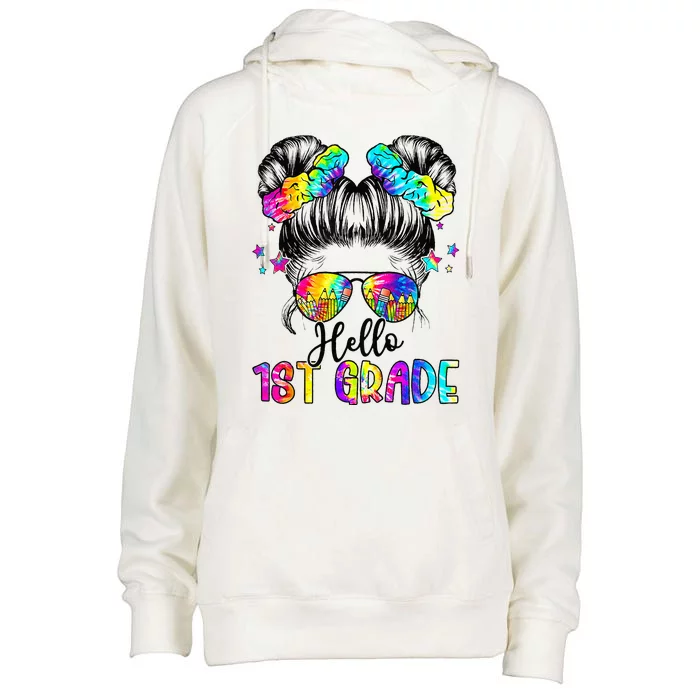 Hello 1st Grade Messy Hair Bun Back To School First Day Womens Funnel Neck Pullover Hood