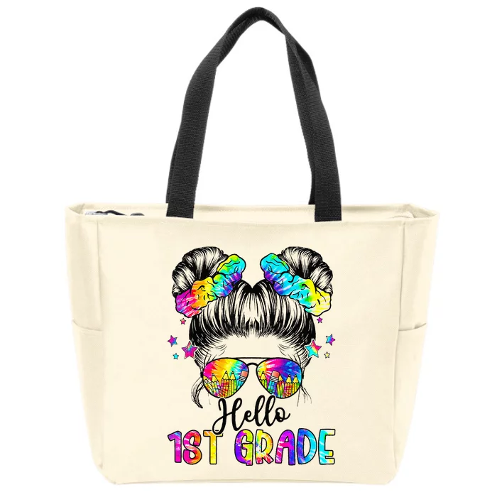 Hello 1st Grade Messy Hair Bun Back To School First Day Zip Tote Bag