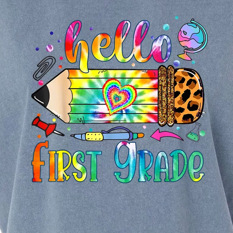 Hello 1st Grade Leopard Pencil Tie Dye Funny Back To School Garment-Dyed Women's Muscle Tee