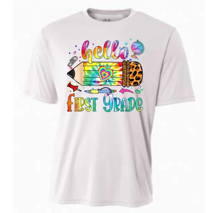 Hello 1st Grade Leopard Pencil Tie Dye Funny Back To School Cooling Performance Crew T-Shirt