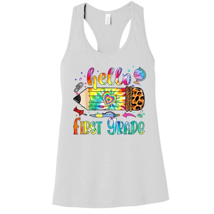 Hello 1st Grade Leopard Pencil Tie Dye Funny Back To School Women's Racerback Tank