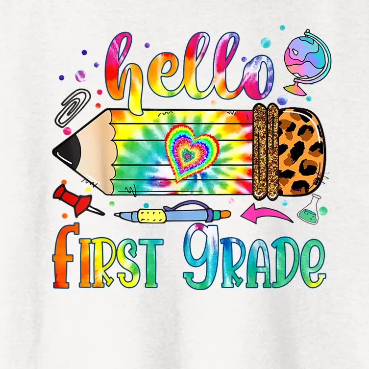 Hello 1st Grade Leopard Pencil Tie Dye Funny Back To School Women's Crop Top Tee