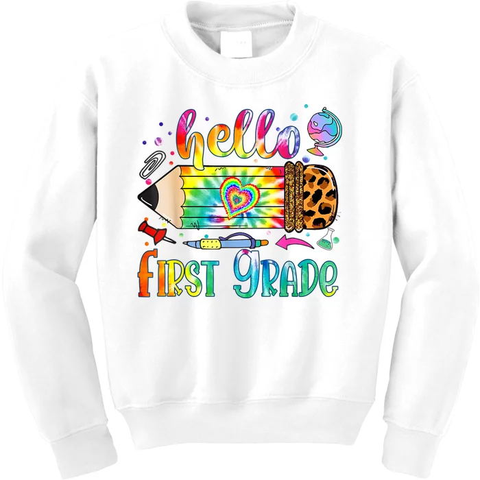 Hello 1st Grade Leopard Pencil Tie Dye Funny Back To School Kids Sweatshirt