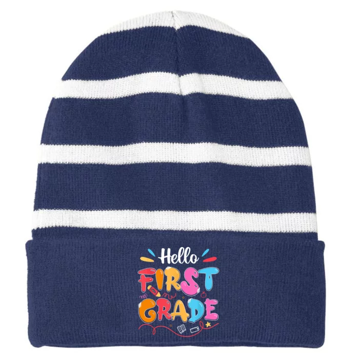 Hello 1st Grade Back To School First Grade Teachers Students Striped Beanie with Solid Band