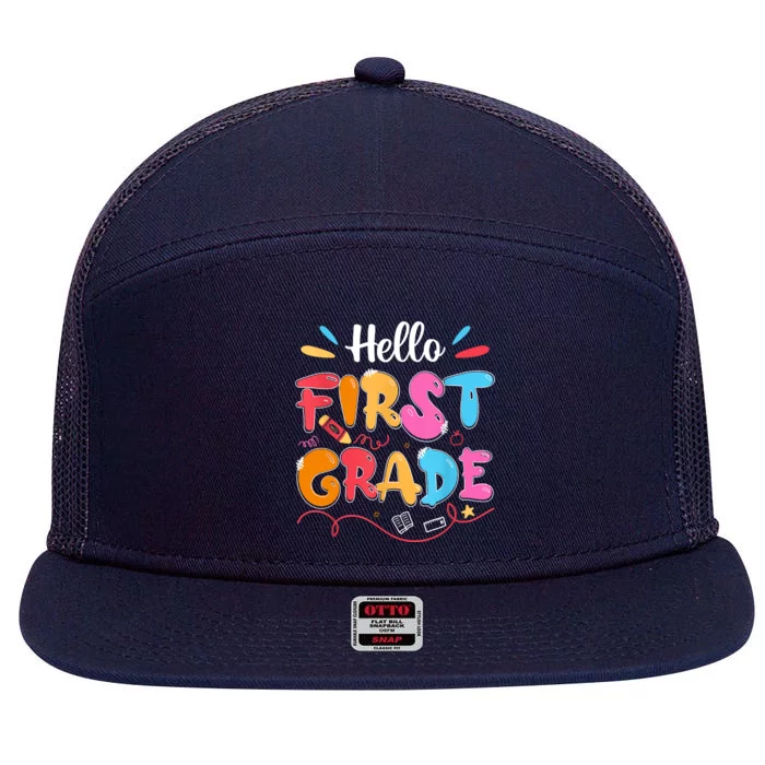 Hello 1st Grade Back To School First Grade Teachers Students 7 Panel Mesh Trucker Snapback Hat