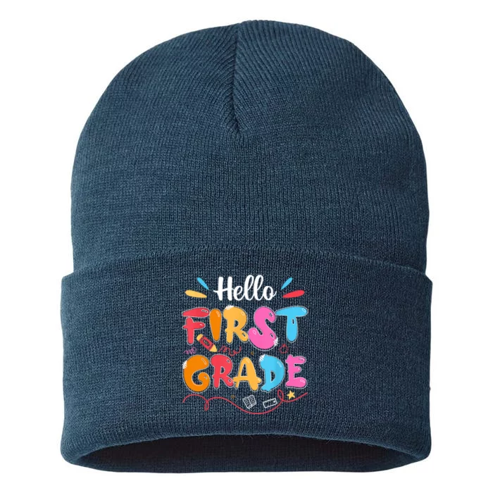 Hello 1st Grade Back To School First Grade Teachers Students Sustainable Knit Beanie