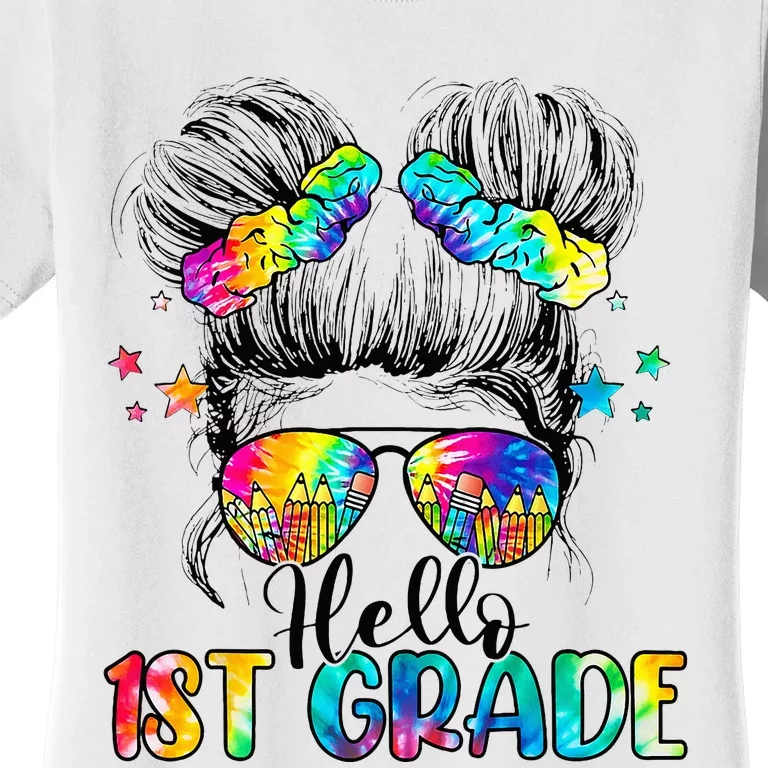 Hello 1st Grade Messy Hair Bun Back To School First Day Women's T-Shirt