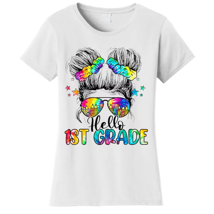 Hello 1st Grade Messy Hair Bun Back To School First Day Women's T-Shirt