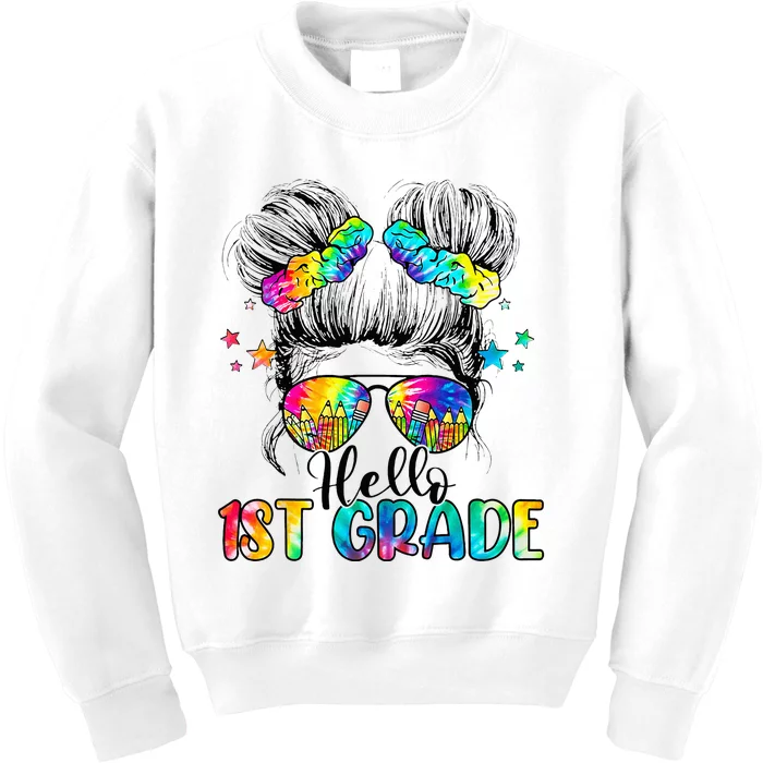 Hello 1st Grade Messy Hair Bun Back To School First Day Kids Sweatshirt