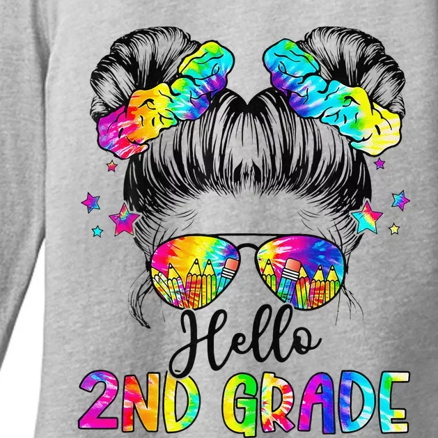 Hello 2nd Grade Messy Hair Bun Girl Back To School First Day Gift Womens CVC Long Sleeve Shirt