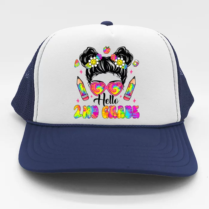 Hello 2nd Grade Second Tie Dye Messy Bun Back To School Trucker Hat