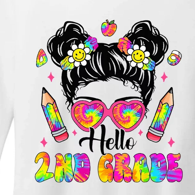 Hello 2nd Grade Second Tie Dye Messy Bun Back To School Womens CVC Long Sleeve Shirt