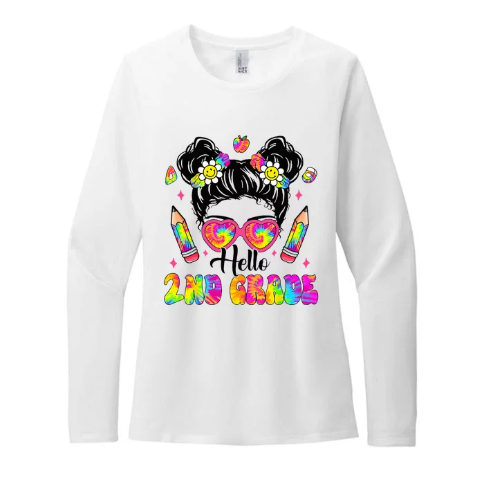 Hello 2nd Grade Second Tie Dye Messy Bun Back To School Womens CVC Long Sleeve Shirt