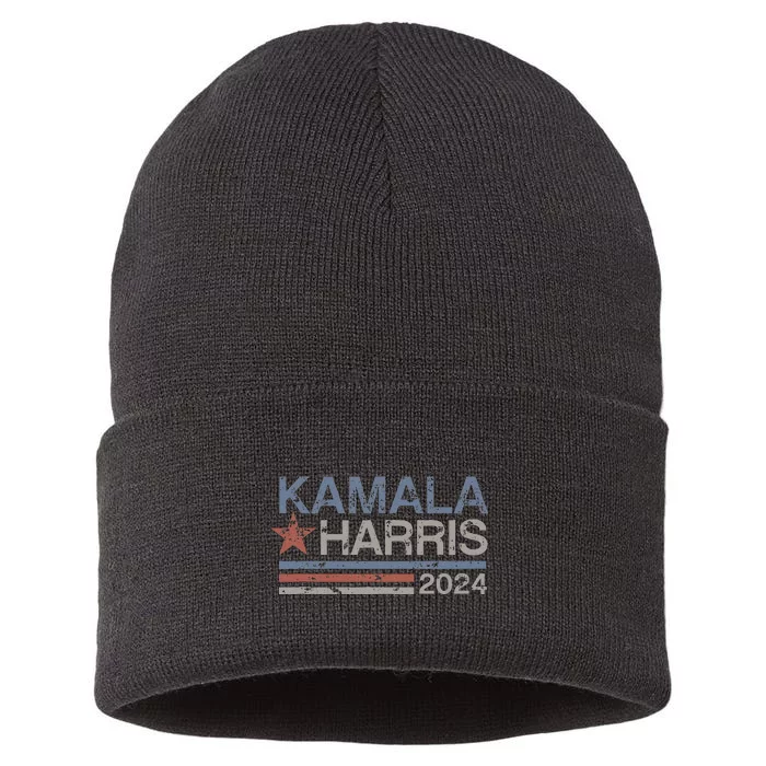 Harris 2024 Grunge Retro Stripes Vintage Kamala Harris 2024 Sustainable Knit Beanie