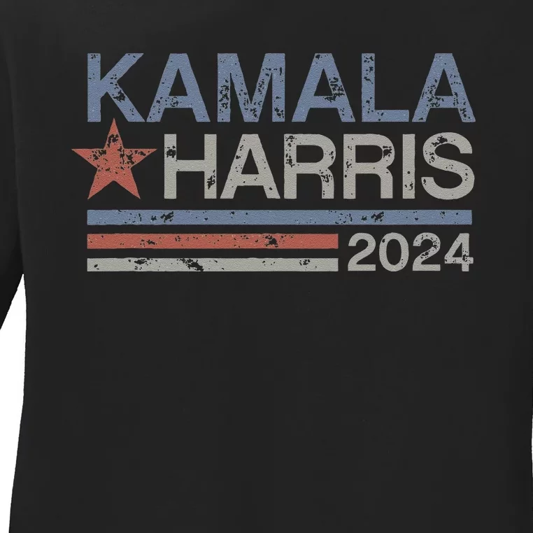 Harris 2024 Grunge Retro Stripes Vintage Kamala Harris 2024 Ladies Long Sleeve Shirt