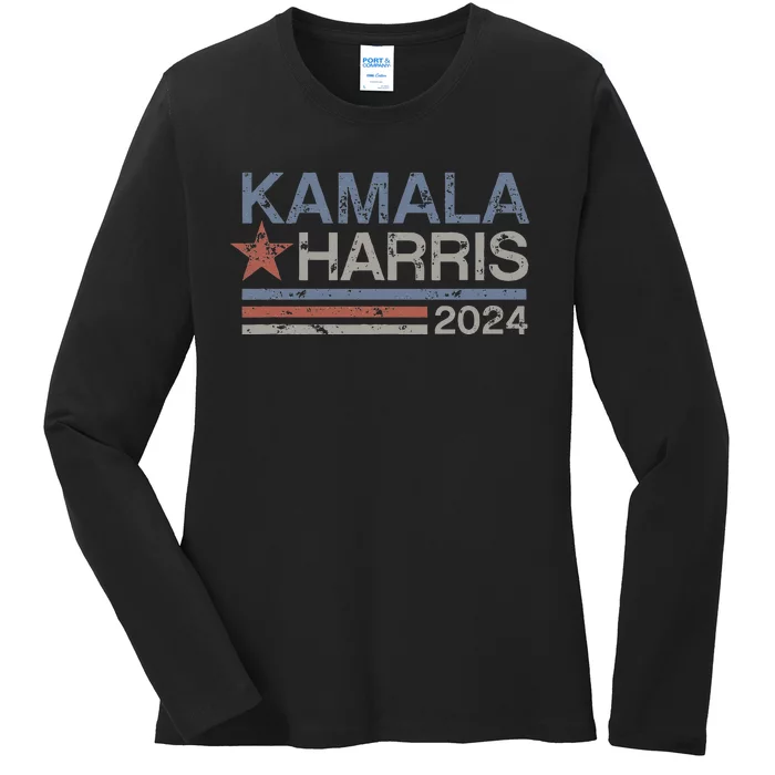 Harris 2024 Grunge Retro Stripes Vintage Kamala Harris 2024 Ladies Long Sleeve Shirt