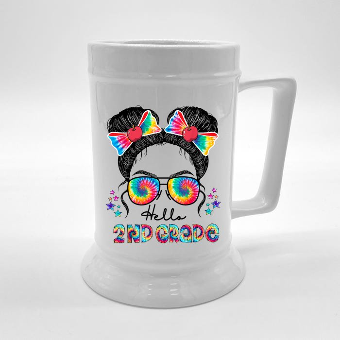 Hello 2nd Grade Messy Bun Back To School First Day Girl Front & Back Beer Stein