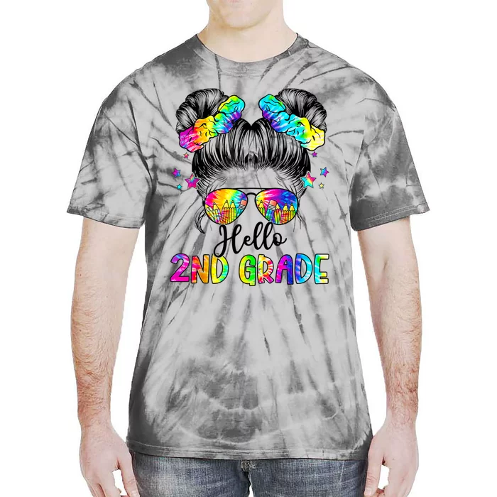 Hello 2nd Grade Messy Hair Bun Girl Back To School First Day Tie-Dye T-Shirt