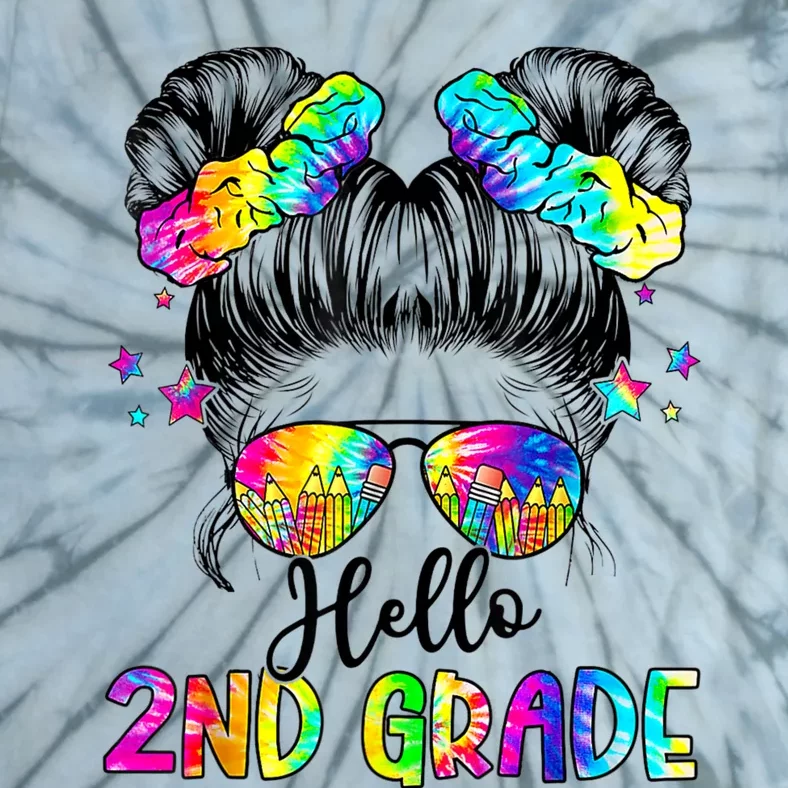 Hello 2nd Grade Messy Hair Bun Girl Back To School First Day Tie-Dye T-Shirt