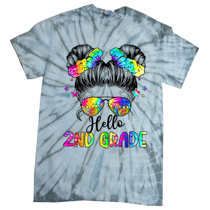 Hello 2nd Grade Messy Hair Bun Girl Back To School First Day Tie-Dye T-Shirt