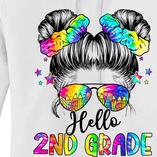 Hello 2nd Grade Messy Hair Bun Girl Back To School First Day Women's Pullover Hoodie