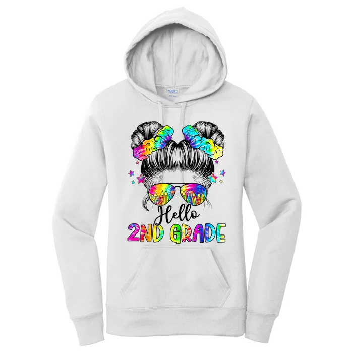 Hello 2nd Grade Messy Hair Bun Girl Back To School First Day Women's Pullover Hoodie