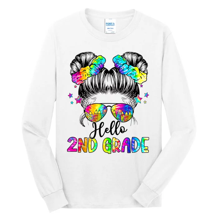 Hello 2nd Grade Messy Hair Bun Girl Back To School First Day Tall Long Sleeve T-Shirt