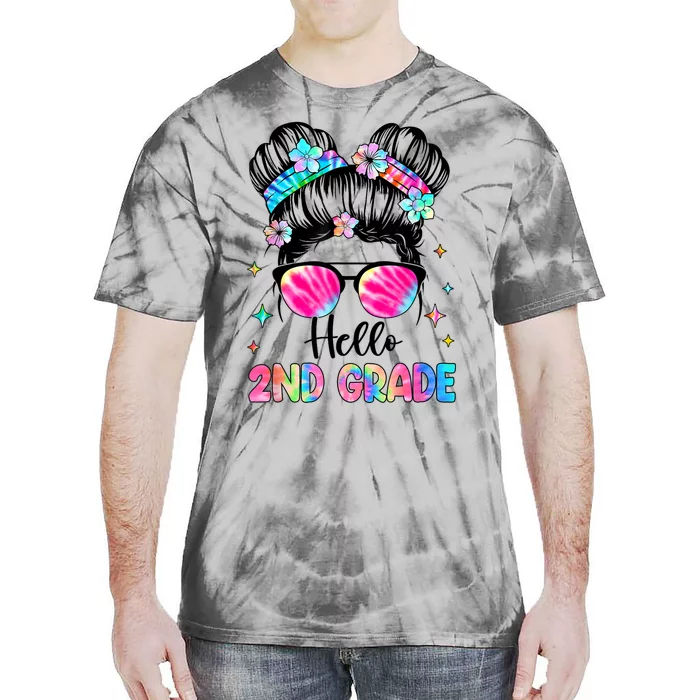 Hello 2nd Grade Messy Hair Bun Girl Back To School First Day Tie-Dye T-Shirt