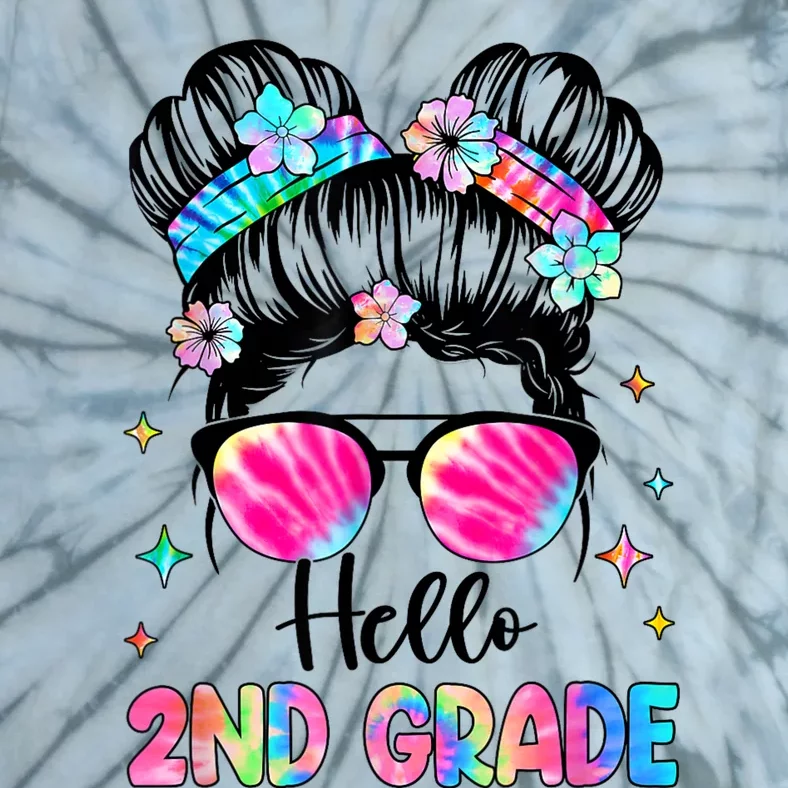 Hello 2nd Grade Messy Hair Bun Girl Back To School First Day Tie-Dye T-Shirt