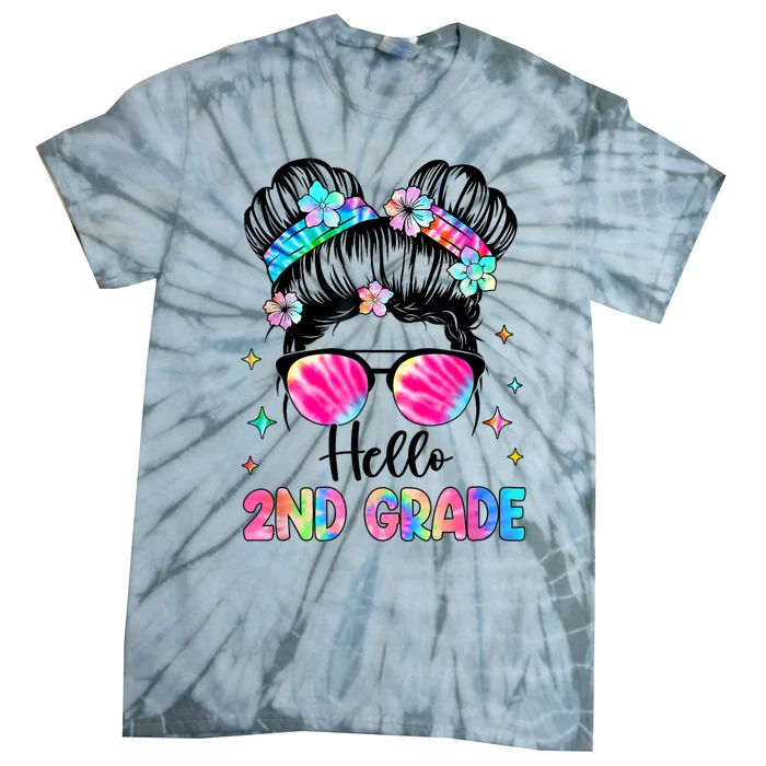 Hello 2nd Grade Messy Hair Bun Girl Back To School First Day Tie-Dye T-Shirt