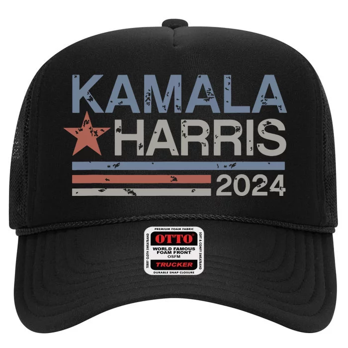 Harris 2024 Grunge Retro Stripes Vintage Kamala Harris 2024 High Crown Mesh Trucker Hat