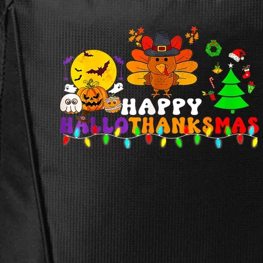 Hallothanksmas 2024 Halloween Merry Christmas Thanksgiving City Backpack