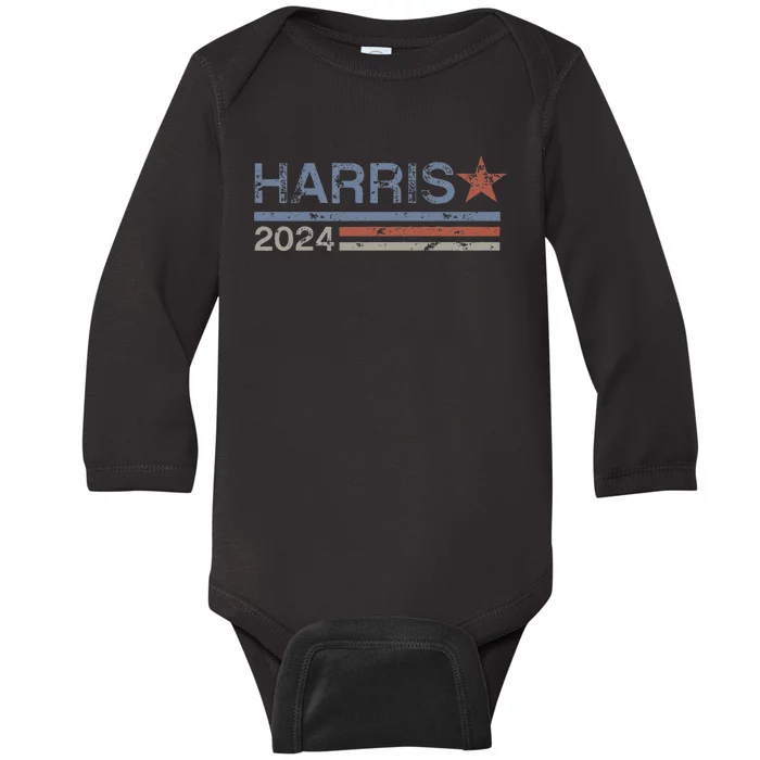 Harris 2024 Retro Grunge Stripes Kamala Harris 2024 Baby Long Sleeve Bodysuit