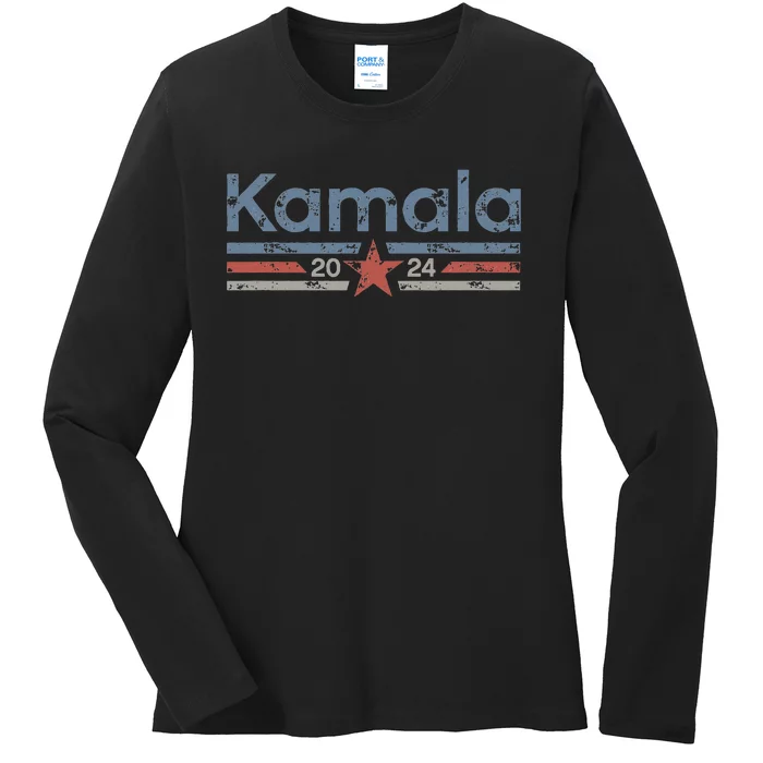 Harris 2024 Retro Grunge Stripes Vintage Kamala Harris 2024 Ladies Long Sleeve Shirt