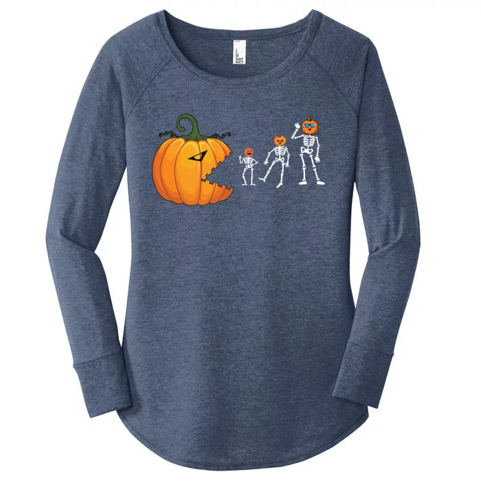 Halloween 2024 Skeleton Eating Ghost Gamer Halloween Pumpkin Meaningful Gift Women's Perfect Tri Tunic Long Sleeve Shirt