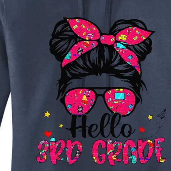 Hello 3rd Grade Messy Bun Back To School First Day Women's Pullover Hoodie