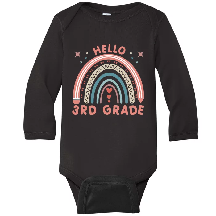 Hello 3rd Grade Rainbow Heart Back To School Teachers Baby Long Sleeve Bodysuit