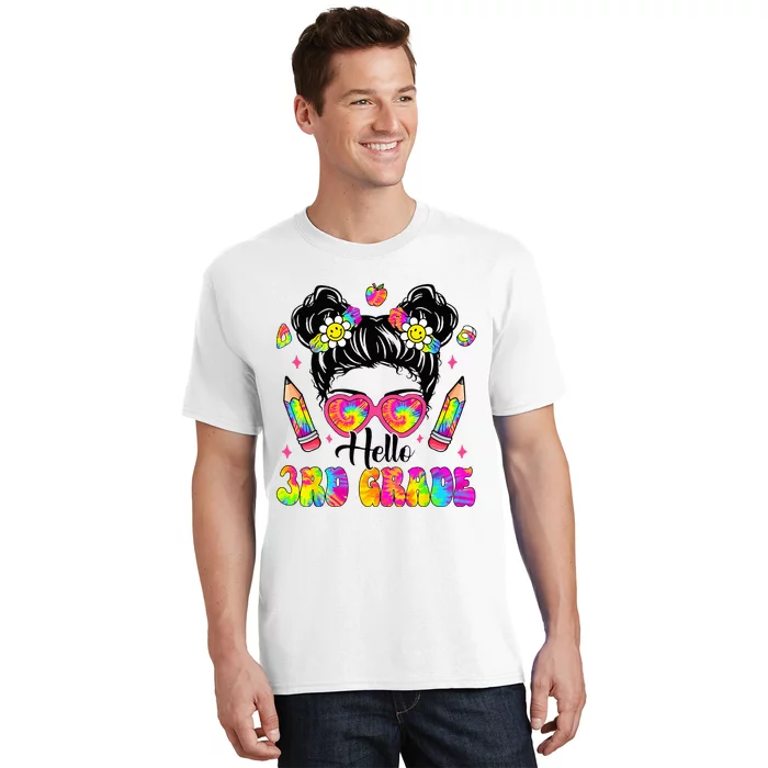 Hello 3rd Grade Third Back To School Tie Dye Messy Bun T-Shirt