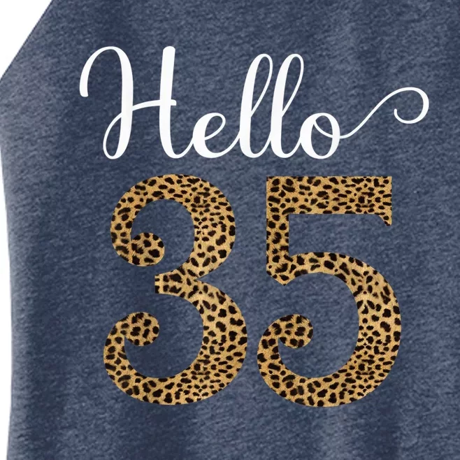 Hello 35 Years Leopard Print 35th Birthday Party Woman Gift Women’s Perfect Tri Rocker Tank