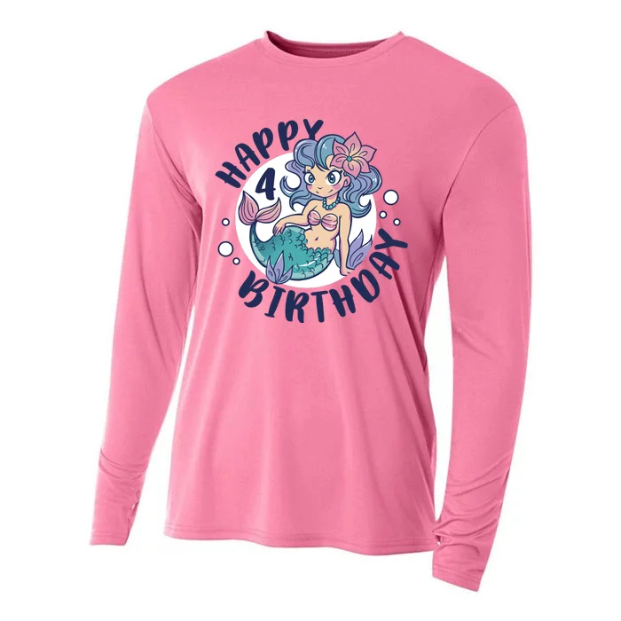 Happy 4th Birthday Cute Mermaid Cooling Performance Long Sleeve Crew