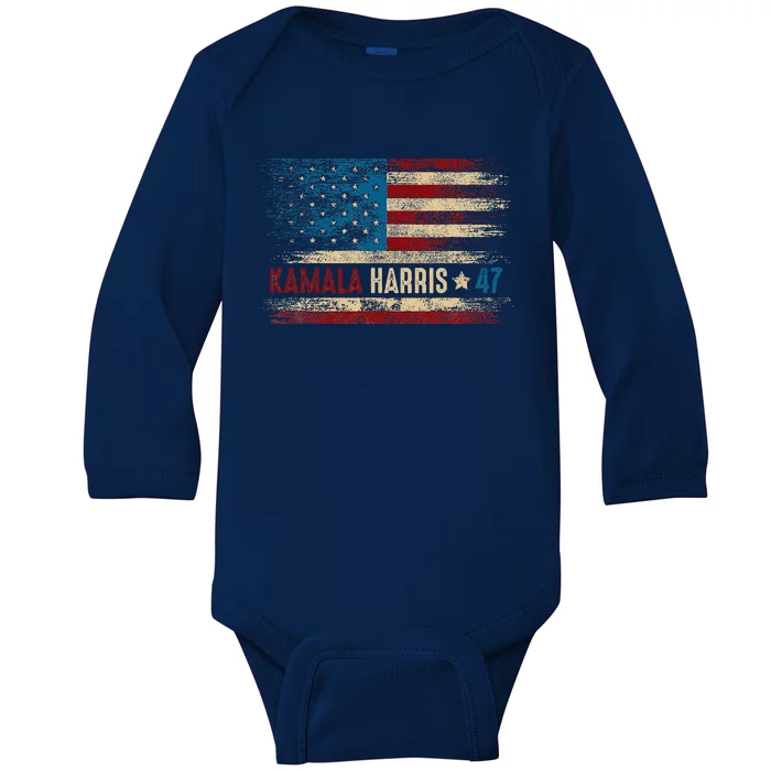 Harris 47 For President Usa American Flag Kamala Harris 2024 Baby Long Sleeve Bodysuit