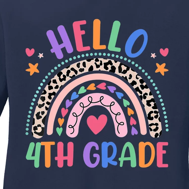 Hello 4th Grade Leopard Boho Rainbow Back To School Ladies Long Sleeve Shirt