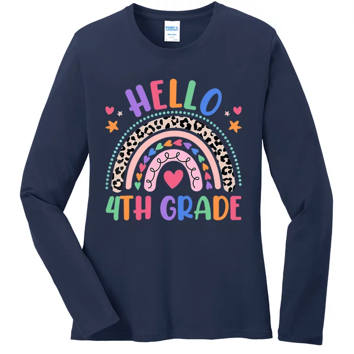 Hello 4th Grade Leopard Boho Rainbow Back To School Ladies Long Sleeve Shirt